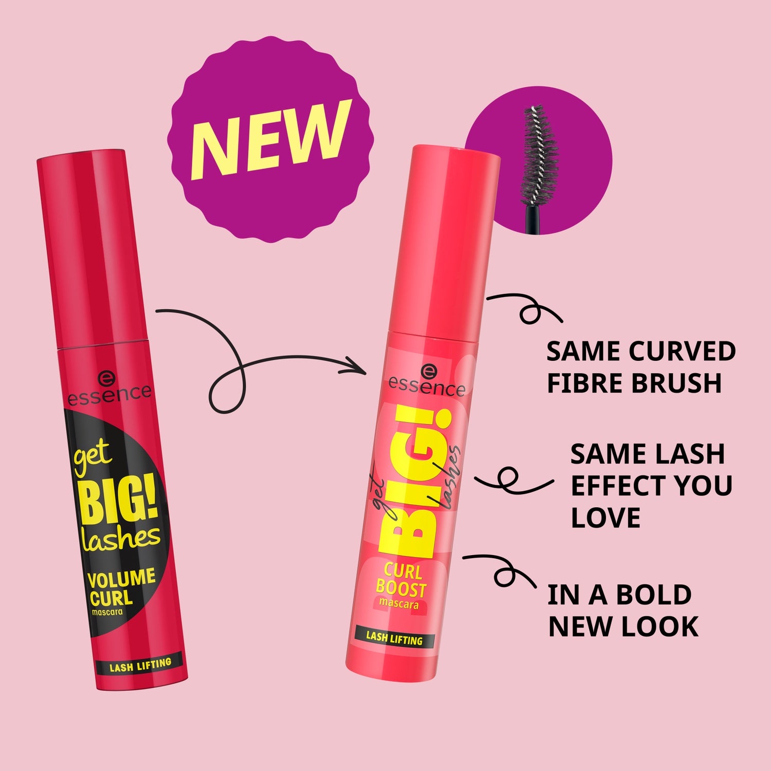 essence Get Big! Lashes mascara i två röda tuber mot rosa bakgrund. Vänster tub märkt 'VOLUME CURL' och höger 'CURL BOOST' med lila 'NEW' stjärna. Den böjda fiberborsten visas i lila cirkel med text som förklarar 'SAME CURVED FIBRE BRUSH' och 'SAME LASH EFFECT YOU LOVE' samt 'IN A BOLD NEW LOOK'.