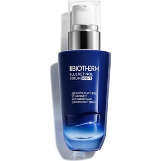 Biotherm Blue Retinol Serum Night 30 ml antialdringsserum i en dyp blå glassflaske med sølvfarget pumpe