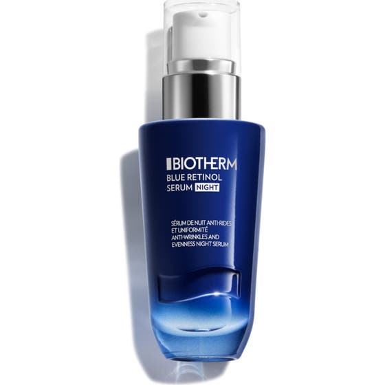 Biotherm Blue Retinol Serum Night 30 ml antialdringsserum i en dyp blå glassflaske med sølvfarget pumpe
