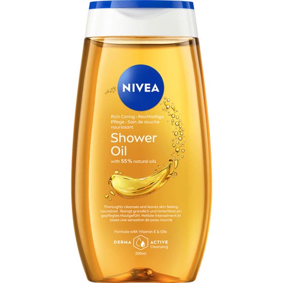Nivea Rich Care Shower Oil 200 ml pleiende dusjolje gir intensiv fukt i gjennomsiktig plastflaske med gyllen olje
