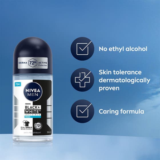 NIVEA Black & White Fresh 50 ml herredeodorant giver frisk duft i glasflaske med sort låg og hvid røg