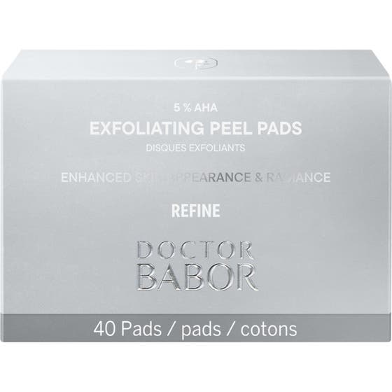 Babor DOC Exfoliating Peel Pads 40 stk eksfolierende peeling i form av en hvit rund pad med mønstret struktur