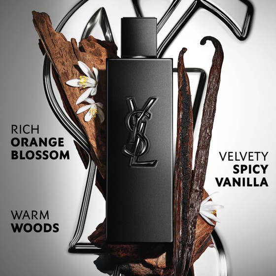 Yves Saint Laurent MYSLF Le Parfum 40 ml herreparfyme med sort flakong omgitt av vaniljestenger tre og blomster