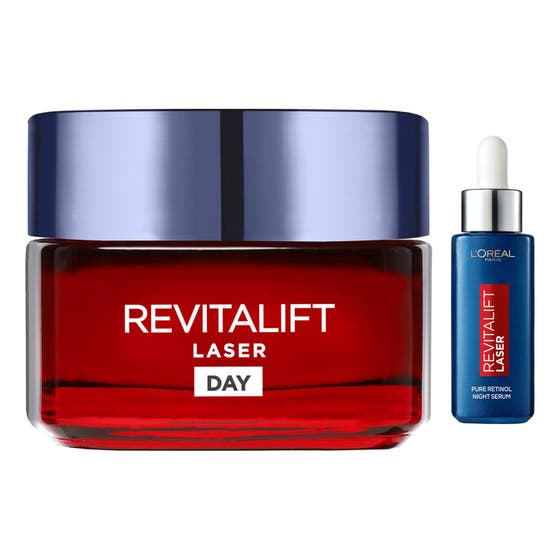 L'Oréal Paris Revitalift Laser anti-age sæt med Night Serum i blå pipetteflaske og Day Cream i rød krukke.