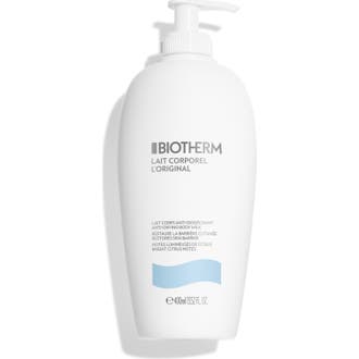 Biotherm Lait Corporel L'Original 400ml fuktighetsgivende bodylotion i hvit pumpeflaske med lyseblått bølgemotiv