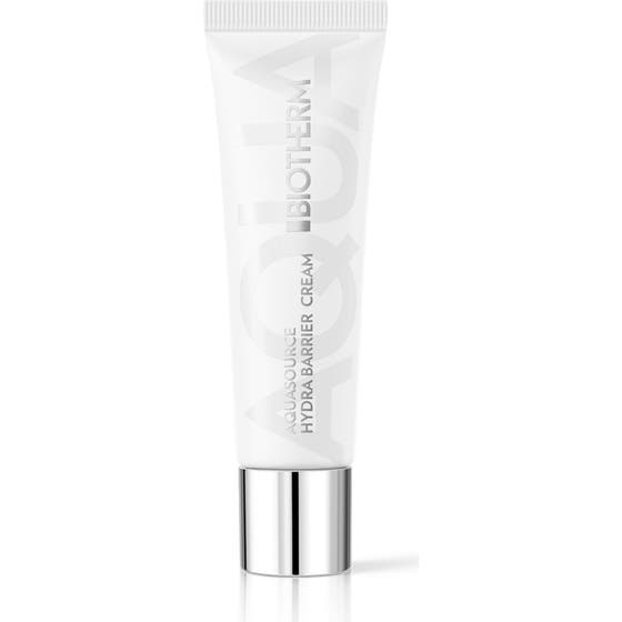 Biotherm Aquasource Hydra Barrier Cream fugtgivende ansigtscreme i en hvid tube med et blankt sølvlåg
