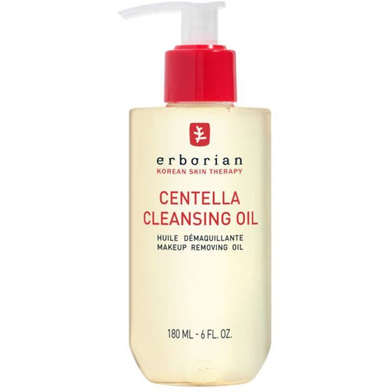 Erborian Centella Cleansing Oil 180 ml rauhoittava puhdistusöljy kirkkaassa muovipullossa jossa on punainen pumppu.