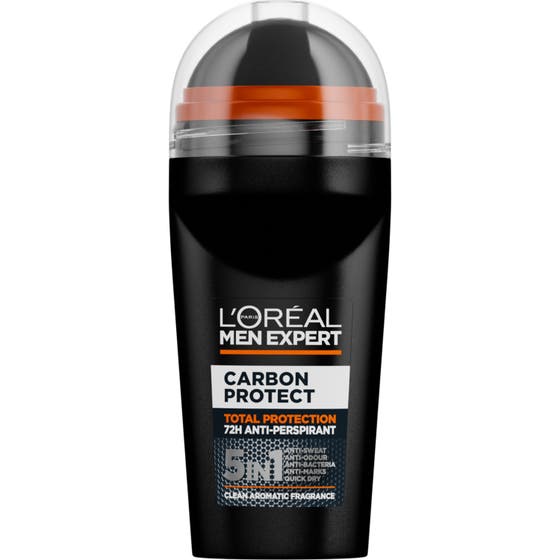 L'Oréal Men Expert Carbon Protect 5in1 Anti-Perspirant roll-on deodorant i sort beholder med oransje detalj og svart kule