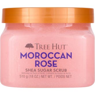 Tree Hut Shea Sugar Scrub Moroccan Rose 510 g kroppsskrubb ger lyster med sin rosa korniga textur och kopparfärgat lock