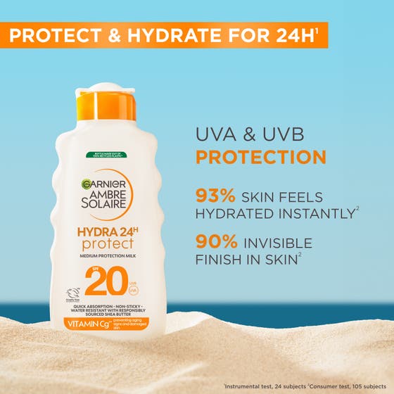 Garnier Ambre Solaire Hydra 24H Protect 175 ml garnier solskydd SPF 20 flaska i sand med Vitamin Cg