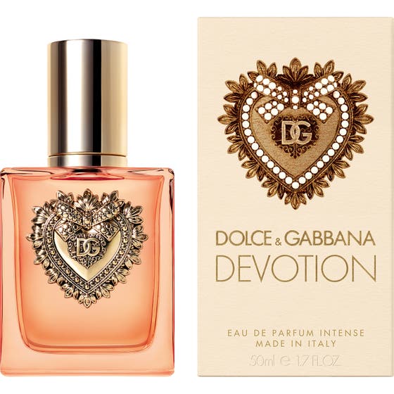 Dolce & Gabbana Devotion Intense Eau de Parfum 50 ml dameparfume i glasflakon med gyldent hjerte ved siden af æsken