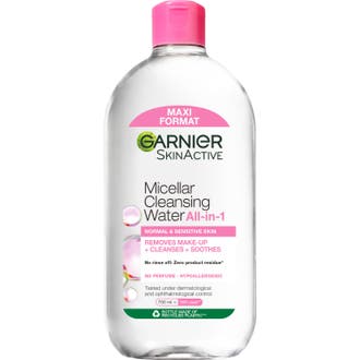 Garnier SkinActive Micellar Cleansing Water 700ml beroligende ansigtsrens i stor klar plastflaske med lyserødt låg