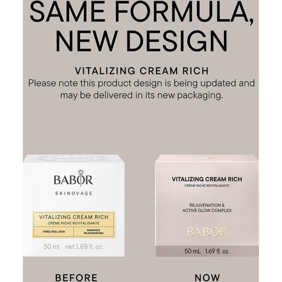 Babor Vitalizing Cream Rich 50 ml ansiktskrem i krukke i et stilleben med andre hudpleieprodukter.