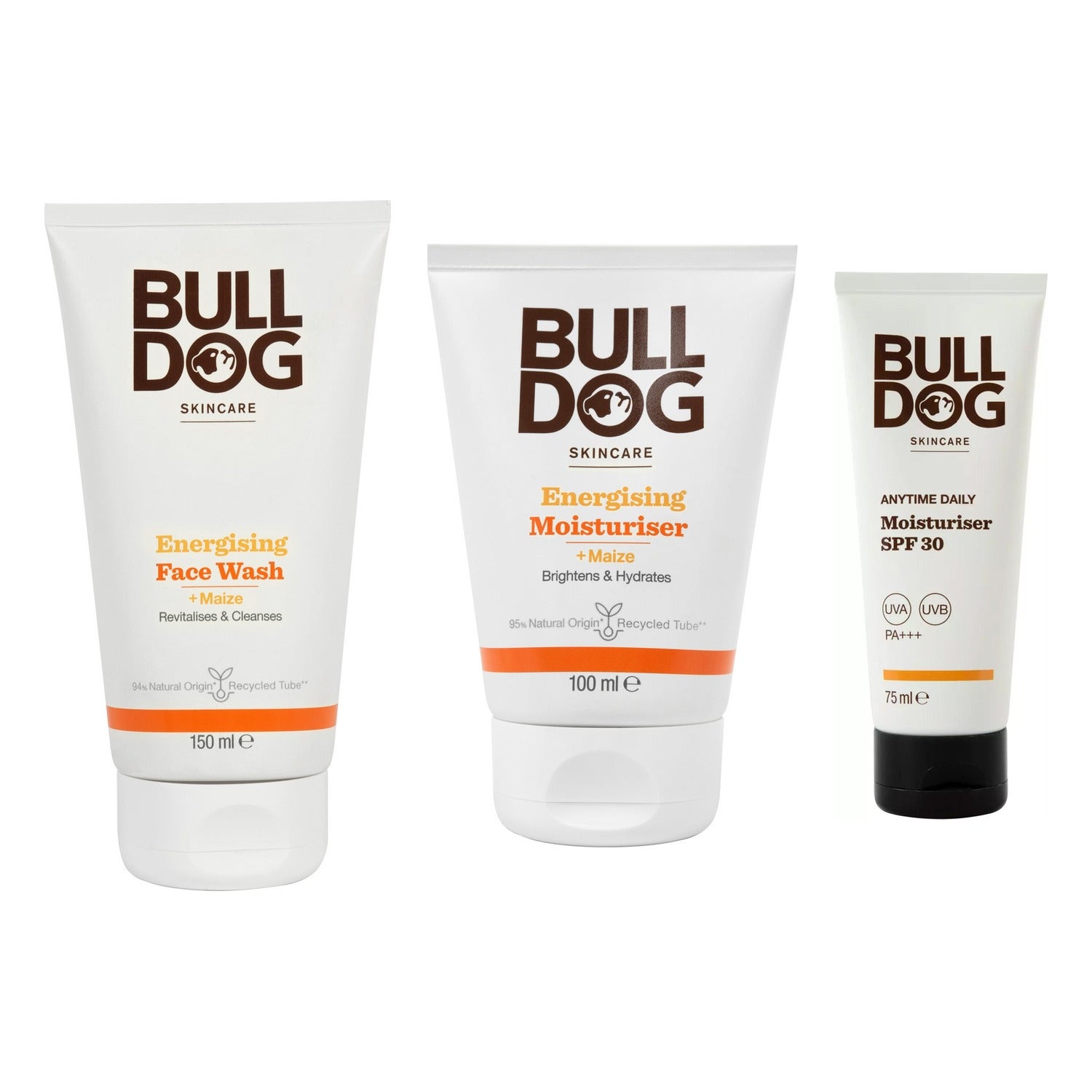 Bulldog Complete Daily Face Care Essentials Face Wash 150ml, Moisturiser 100ml, SPF Moisturiser 75ml - 325 ml billede