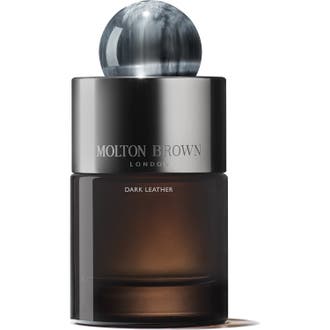 Molton Brown Dark Leather Eau de Parfum 100 ml parfym i mörkbrun glasflaska med en grå marmorerad rund kork