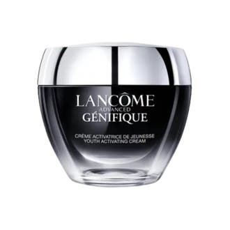 Lancôme Advanced Génifique 50 ml nuorentava kasvovoide mustassa lasipurkissa hopeisella korkilla.