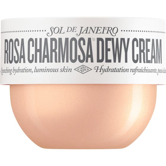 Sol de Janeiro Rosa Charmosa Dewy Cream återfuktande ansiktskräm i skimrande persikorosa burk med vitt lock