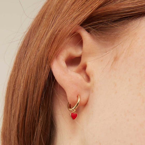 Enamel Red Heart Drop Huggie Earrings