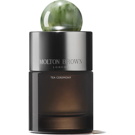 Molton Brown Tea Ceremony Eau de Parfum 100 ml parfym i mörk glasflaska med silverfärgat lock och grön marmorerad kula