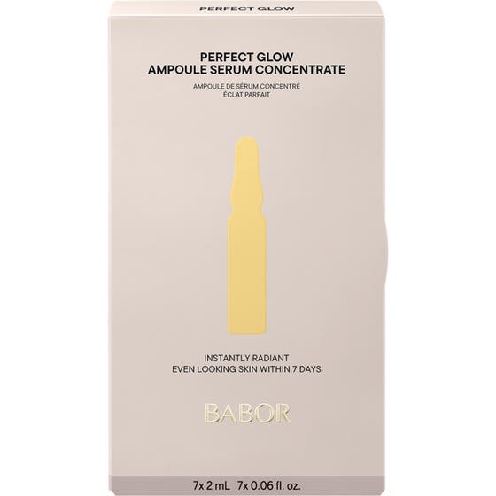 Babor Ampoule Concentrates Perfect Glow 14 ml heleyttävä seerumi vaaleassa pakkauksessa keltaisella ampullikuviolla