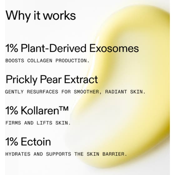 The INKEY List Exosome Hydro-Glow Complex 30 ml seerumi ja kellertävä koostumus tekstillä Why it works.