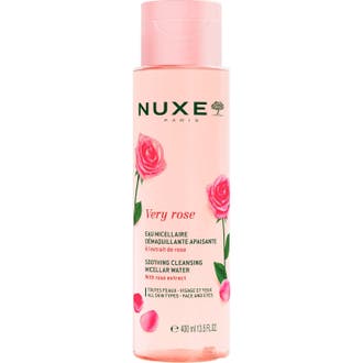 Nuxe Very Rose 400 ml micellärt vatten ger sminkborttagning för känslig hy i en rosa flaska prydd med rosor