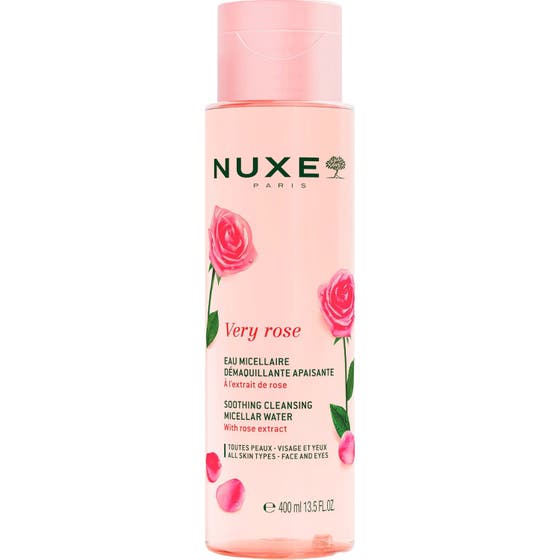 Nuxe Very Rose Soothing Cleansing Micellar Water 400 ml beroligende micellærvann i lyserosa flaske med roseillustrasjoner.