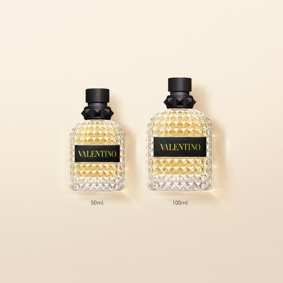 Valentino Born in Roma Uomo Yellow Dream Eau de Toilette 100 ml herreparfyme vist i naglet glassflaske med andre dufter