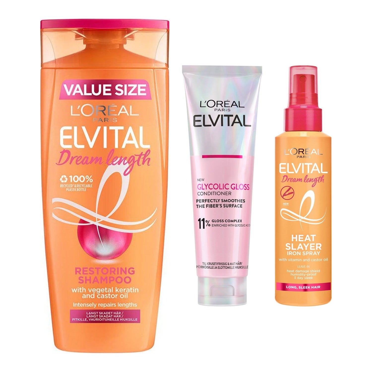 L'Oréal Paris Elvital Trio Shampoo 400ml, Conditioner 300ml & Heat Slayer 150 ml - 850 ml