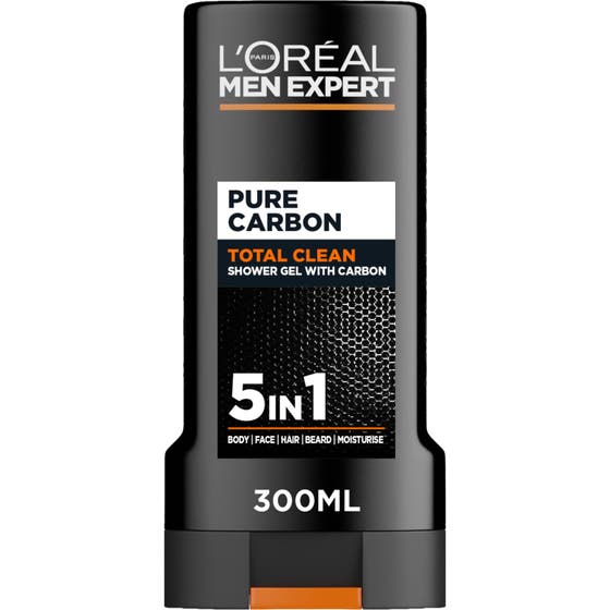 L'Oréal Paris Men Expert Total Clean 300 ml dusjsåpe i en grå og flytende geltekstur med kull som renser huden.
