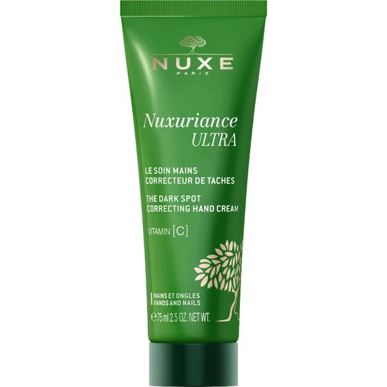 Nuxe Nuxuriance Ultra 75 ml nuxe handkräm mot pigmentering med vitamin C i en grön tub med gulddetaljer