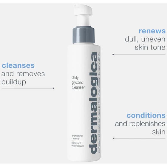 Dermalogica Daily Glycolic Cleanser ansiktsrens fornyer matt og ujevn hudtone i hvit pumpeflaske med infotekst