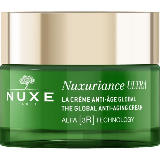 Nuxe Nuxuriance Ultra The Global Anti-Aging Cream fornyende ansiktskrem i grønn glasskrukke med gullfarget lokk