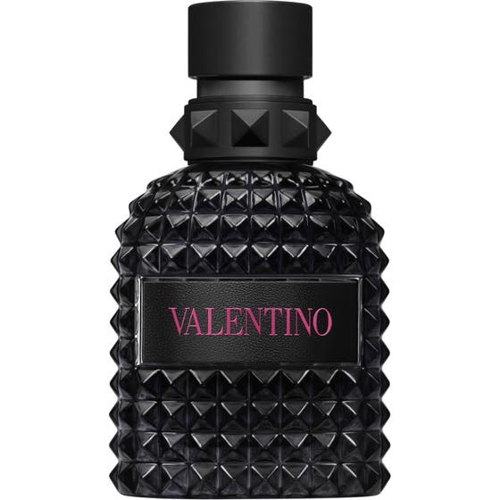 Valentino Born in Roma Uomo Extradose Parfum 50 ml herreparfyme i sort glassflaske med naglestruktur og rosa logo