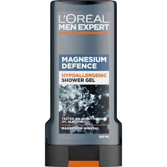 L'Oréal Men Expert Magnesium Defence Shower Gel beroligende dusjsåpe i grå transparent flaske med mineraldekor.