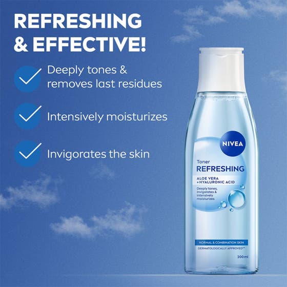 NIVEA Toner Refreshing 200 ml ansiktsvann med Hydramine og lotusblomst i en lyseblå flaske for normal hud.