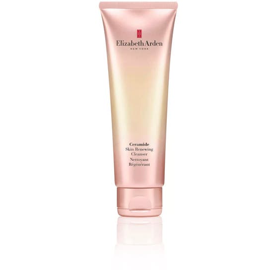 Elizabeth Arden Ceramide Skin Renewing Cleanser förnyande ansiktsrengöring i en skimrande roséguldfärgad tub.