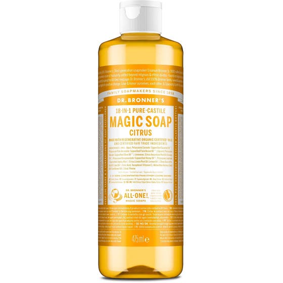 Dr. Bronner's Citrus-Orange Pure-Castile Soap 475ml flytende såpe i oransje flaske med hvit kork