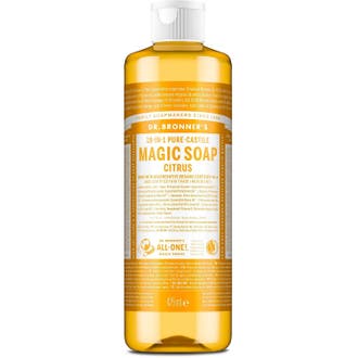 Dr. Bronner's Citrus-Orange Pure-Castile Soap 475ml flytende såpe i oransje flaske med hvit kork