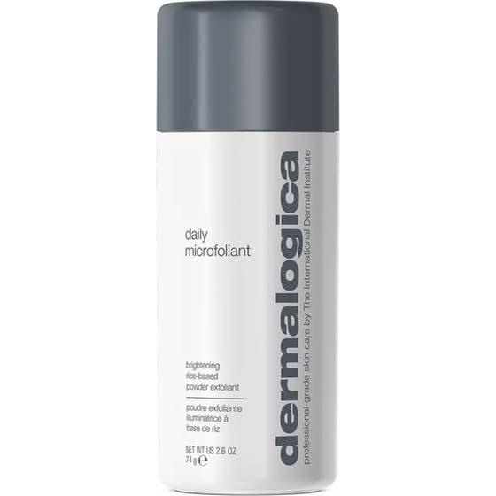Dermalogica Daily Microfoliant 74g risbasert eksfolierende pulver i hvit sylindrisk beholder med grått lokk.