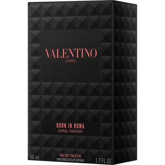 Valentino Born in Roma Uomo Coral Fantasy 50 ml herreparfyme i naglet glassflaske ved siden av sort eske