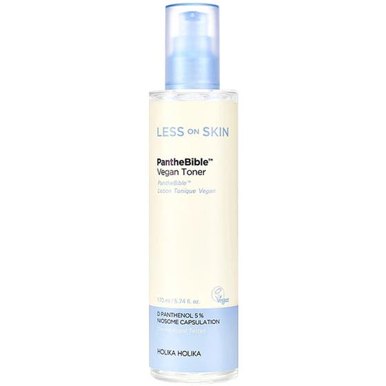 Holika Holika Less On Skin PantheBible Vegan Toner 170 ml rauhoittava kasvovesi kirkkaassa pumppupullossa.