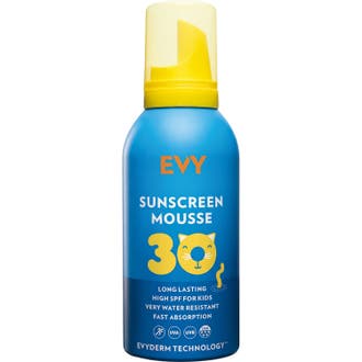 EVY Technology Sunscreen Mousse SPF 30 beskyttende solmousse til børn i blå flaske med gult låg og gul bjørn.