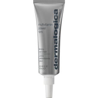 Dermalogica Multivitamin Power Firm 15 ml oppstrammende øyekrem i sølvfarget tube med hvit kork og lilla detalj.
