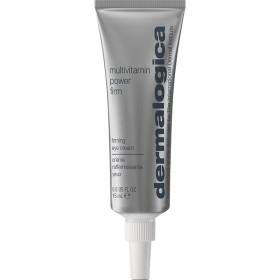 Dermalogica Multivitamin Power Firm 15 ml oppstrammende øyekrem i sølvfarget tube med hvit kork og lilla detalj.