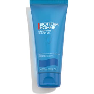 Biotherm Homme Aquafitness Shower Gel 200 ml oppfriskende dusjgelé i en blå tube med turkis kork og hvit tekst.