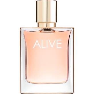 Hugo Boss Boss Alive 50ml Eau de Parfum i en fyrkantig glasflaska med persikofärgad vätska och guldfärgat lock