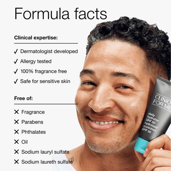 Clinique For Men Daily Hydrator SPF 50 75 ml parfymefri dagkrem holdt av en mann ved siden av produktfakta.