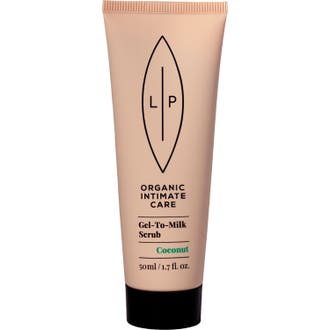 Lip Intimate Care Gel-To-Milk Scrub Coconut 50 ml eksfolierende intimskrubb i ferskenfarget tube med sort kork