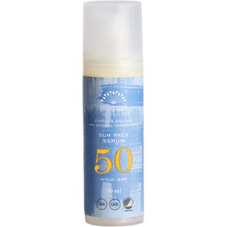 Rudolph Care Sun Face Serum 30 ml korkea aurinkosuoja SPF 50 sinisessä pumppupullossa huurteisella korkilla